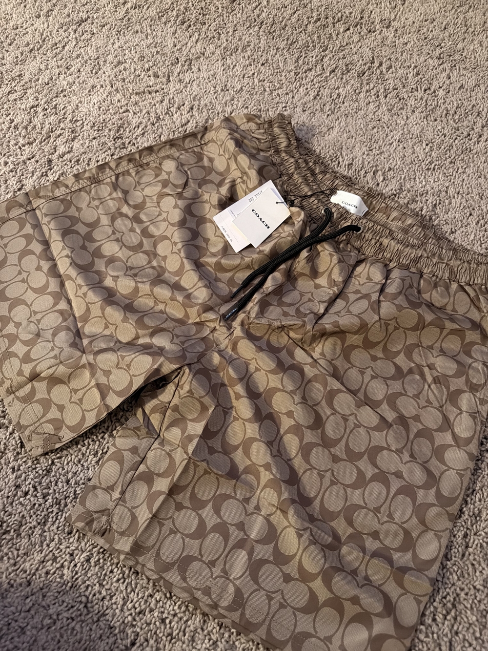 Coach Signature Print Elastic Waist Shorts - Khaki